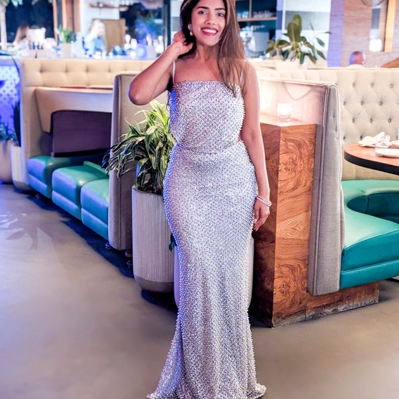 Elegant Silver Sequin Gown Oh Polly Embellished Cut-Out Gown in